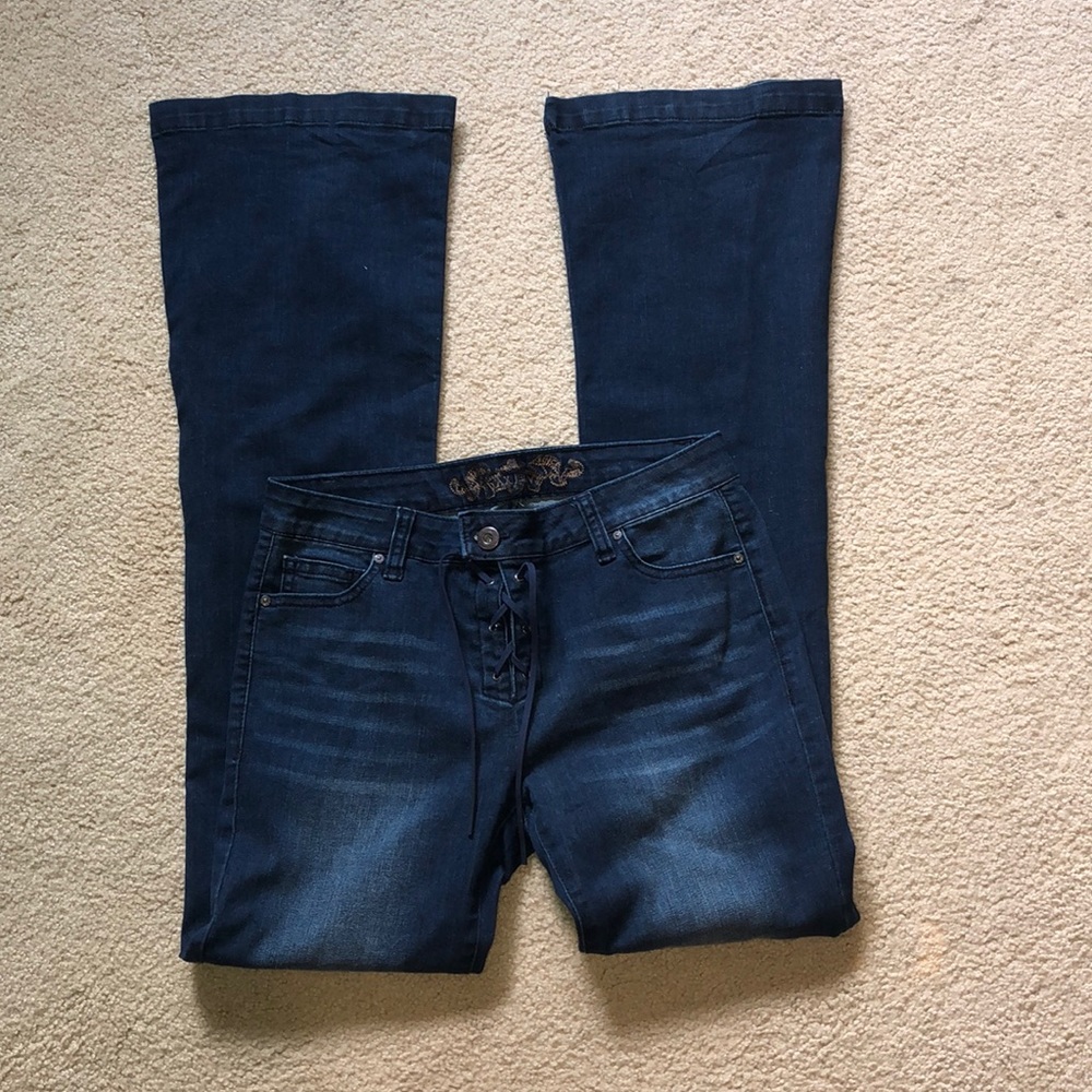 Tie up denim flare jeans